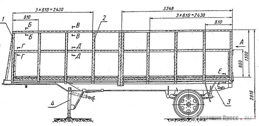 Схема полуприцепа Т-142 для двухъярусной перевозки газовых плит к тягачу ГАЗ-51П. Разработка ПКБ «Главмосавтотранса»