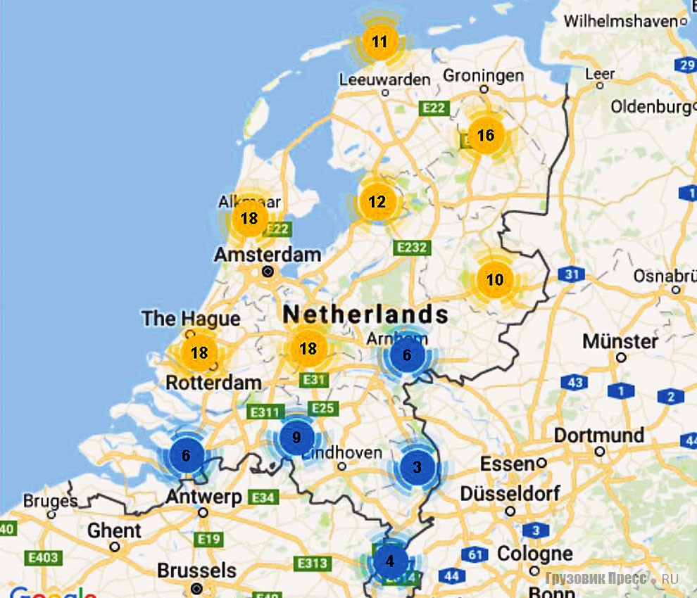Число АГНКС в  Нидерландах (жёлтым выделены зоны, где находится более 10 заправок)
