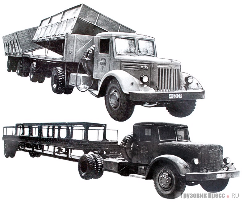 Парк автокомбината в 1960 году состоял из уникальных автопоездов МАЗ-200В. Сверху автопоезд с самосвальным полуприцепом и прицепом на базе МАЗ-5215Б, изготовленный на автокомбинате, и автопоезд с полуприцепом УПП-12 (снизу), который выпускал Завод по ремонту автокранов Главмосстроя для транспортировки панелей и перегородок