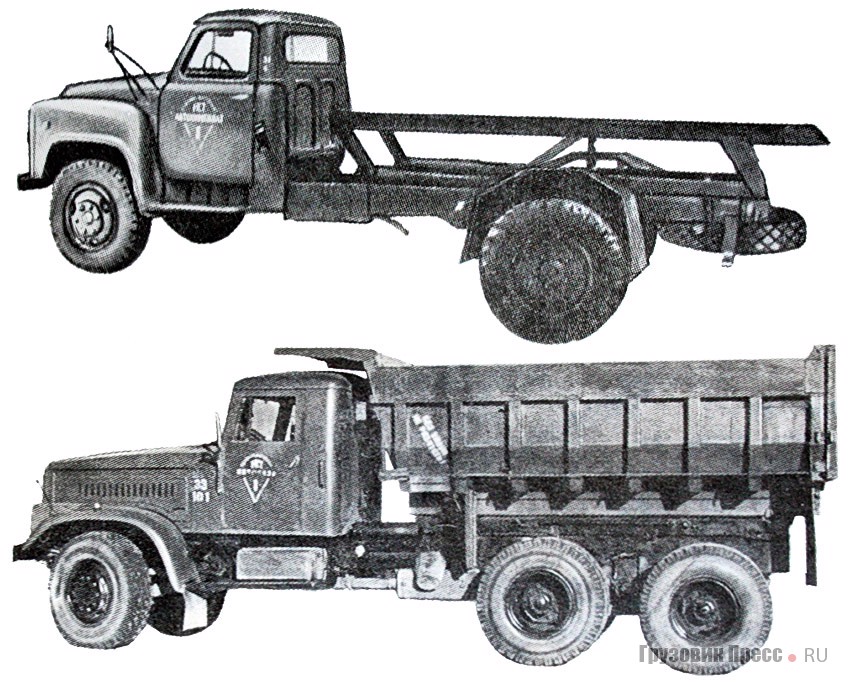 Машины, разработанные на автокомбинате в 1985 году. Автомобиль для съёмных кузовов У-137 на шасси ГАЗ-5307 (слева) и самосвальная платформа У-199, доработанная из кузова самосвала КрАЗ-256Б