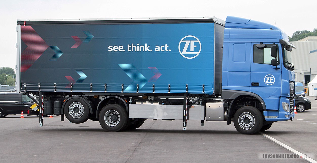 Беспилотный ZF Innovation Truck маневрирует по площадке транспортного предприятия, самостоятельно справляясь со сложными операциями перемещения контейнеров