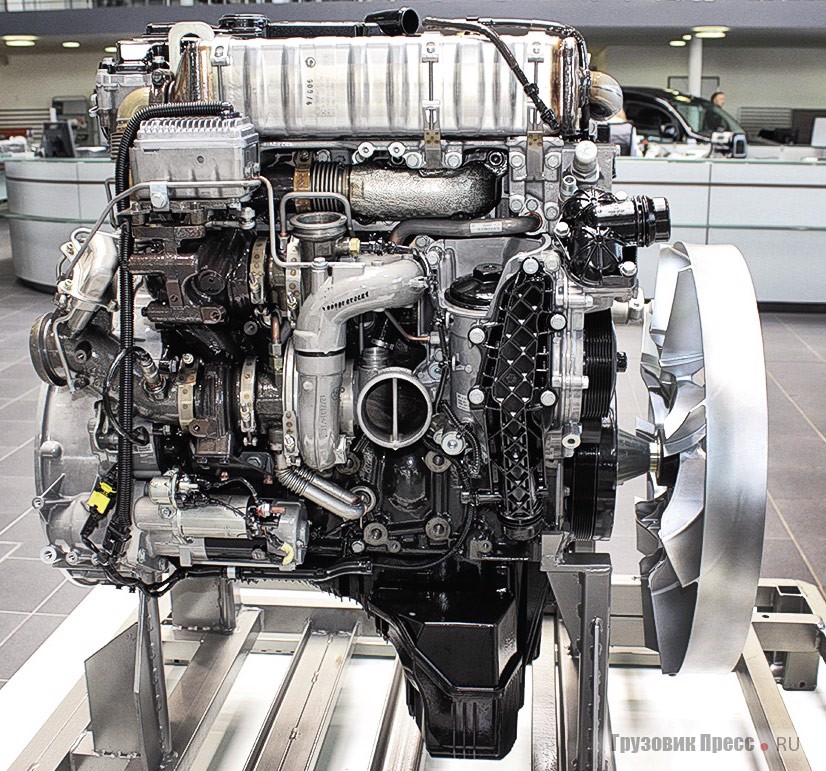 Двигатель ОМ934 экостандарта Euro 6. Функционально стороны блока цилиндров разделены на «холодную» и «горячую». Слева компоненты топливной системы и электрооборудования, справа – турбонаддув и рециркуляция отработавших газов