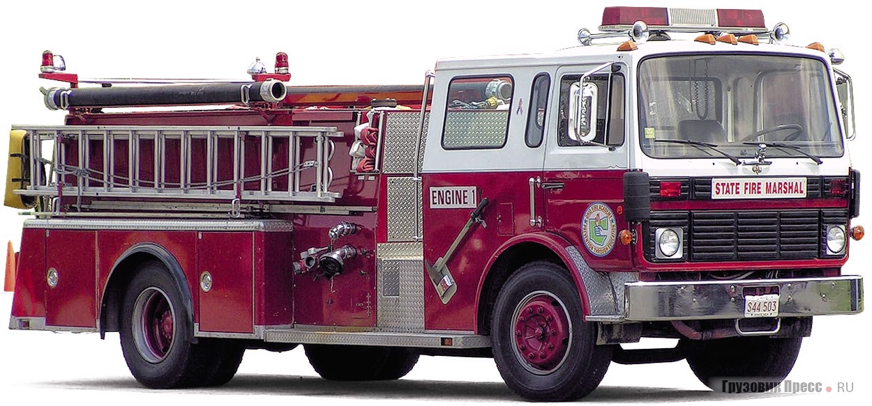 Последнее пожарное шасси Mack MS поставлялось из Франции, будучи моделью Renault Midliner