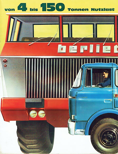 На обложке проспекта – Berliet T100 № 4 с авангардной кабиной американского дизайнера Клива Энтвистла. Показан на шоу нефтяников в Тусле (штат Оклахома) в мае 1959 г. В этот период марка занимала на французском рынке тяжёлых грузовиков долю в 49%