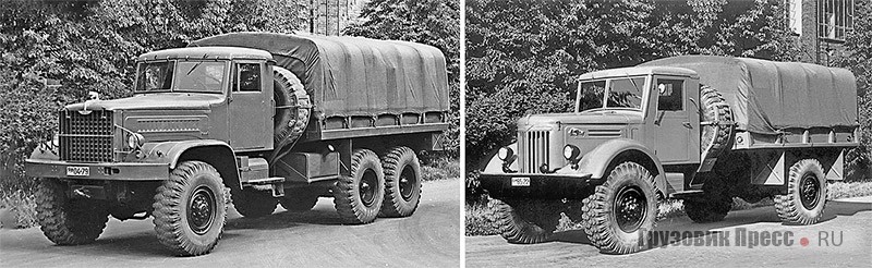 Сравнительные виды получившихся в итоге в Ярославле и Минске многоцелевых армейских автомобилей: 7-тонного ЯАЗ-214 образца 1954 г. (слева); и 4-тонного МАЗ-502 (2-й образец, бывший МАЗ-501 шасси № 4) (справа)