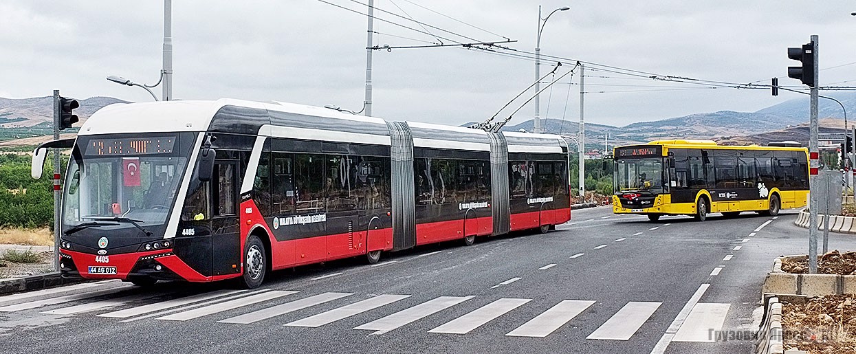 Вместе с троллейбусами в Малатье работают автобусы, однако максимальная длина кузова последних не превышает 18 м