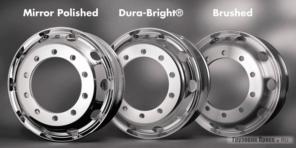 Три варианта внешнего вида колёсных дисков: зеркальный блеск, патентованный «Dura-Bright», матовый