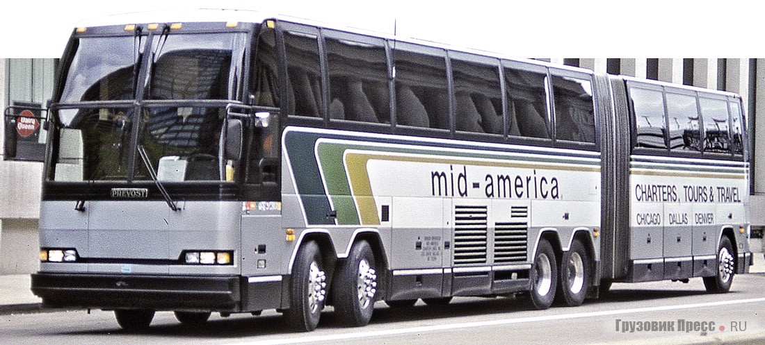 Вероятно, самый большой междугородный автобус мира – сочленённый Prevost H5-60 с двумя передними управляемыми осями