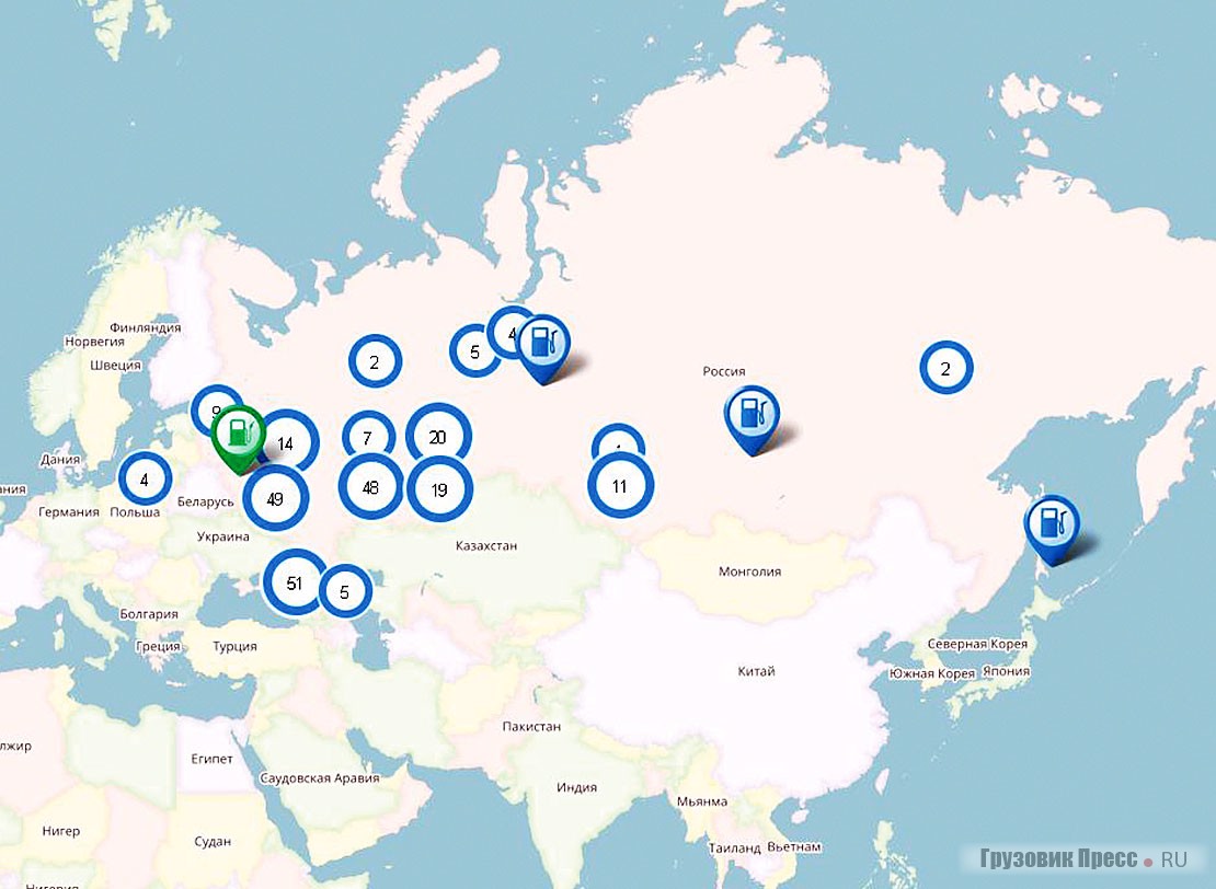 Число АГНКС в России. Одинокая зелёная колонка – смоленская заправка компании «Газпромнефть»
