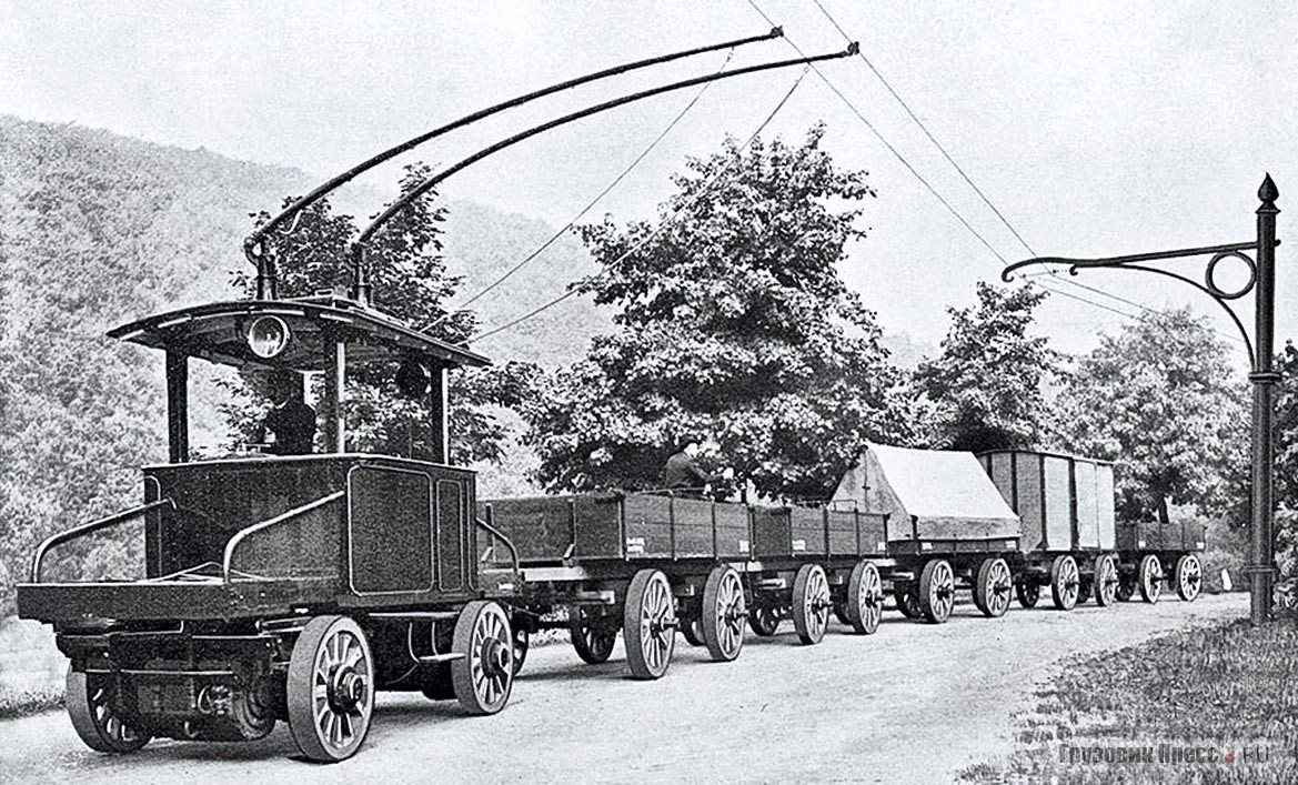 Пассажирско-грузовой троллейбусный поезд на линии Лангенфельд – Монхайм (Германия), начало XX в.