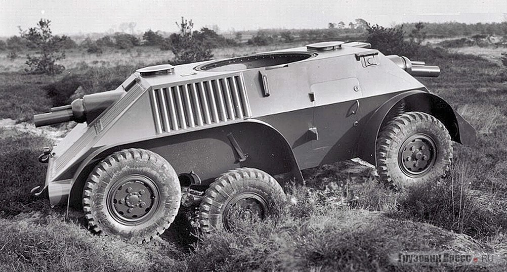 Первый прототип бронеавтомобиля DAF Pantrado III на испытаниях, на снимке ещё без башни. 1938 г. Шведская фирма Landsverk затянула поставку башен как для опытной машины, так и для серийных