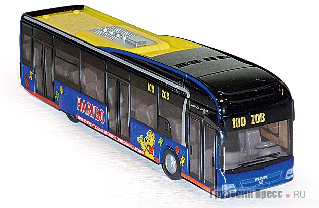 Городской низкопольный автобус MAN Lions City в масштабе 1:87. Производитель – Sieper GmbH (Германия), торговая марка SIKU, известная также железнодорожными моделями. Материал – металл, пластиковые вставки. Цена – 19 евро