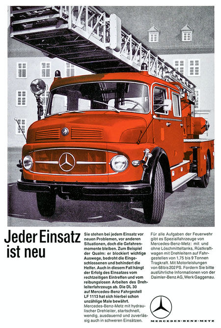 Рекламная листовка 1964 года пожарной автолестницы Metz DL 30 на шасси Mercedes-Benz LFL 1113