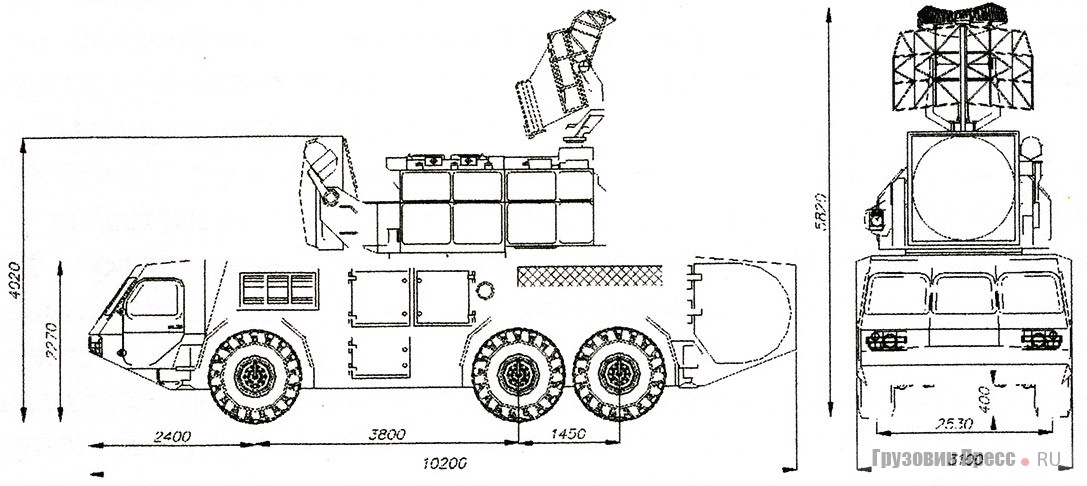 Габаритная схема и эскиз корпусного шасси БАЗ с колёсной формулой 6х6 для размещения БМ ЗРС 9А331М (9А331МК)