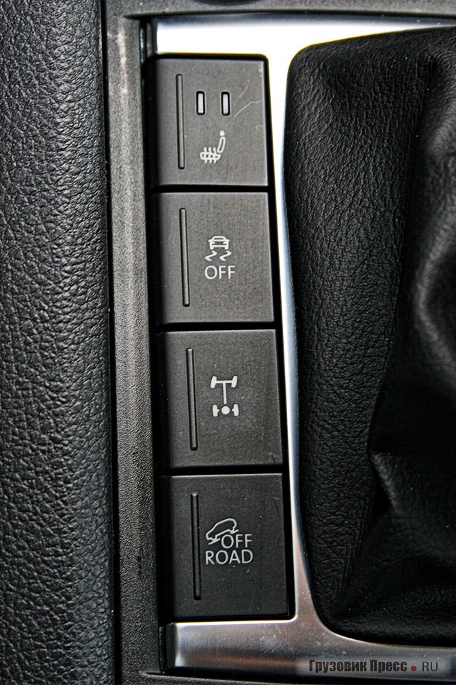 Две верхних кнопки отвечают за подогрев сидений, отключение ESP и ASR, две нижних – за межколесную блокировку и внедорожный режим ABS и ESP.  Включать их можно и в движении