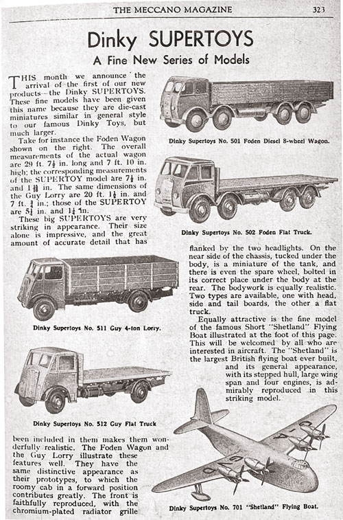 Копия 323 страницы журнала Meccano за август 1947 года, анонсирующего выпуск серии Dinky Supertoys