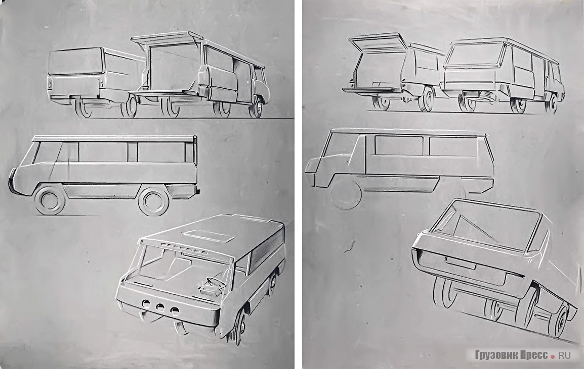 Эскизы В.С. Кобылинского к автомобилю вагонной компоновки УАЗ-454, 1964 г.
