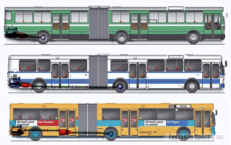 Схема сочленённых автобусов: Mercedes-Benz O 305G, Magirus-Deutz 260 SH170 и MAN SG 242H