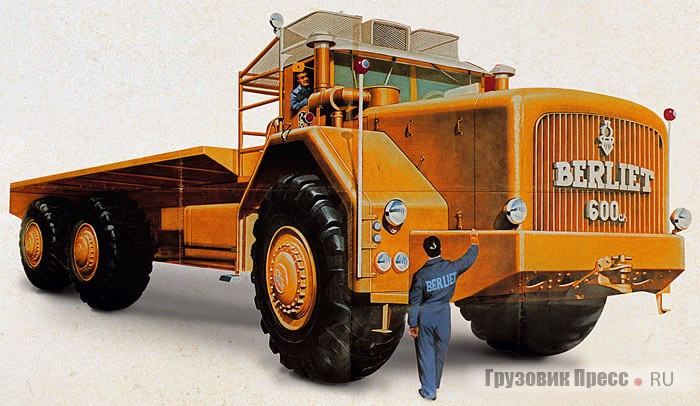 Первый образец тяжеловоза Berliet Т100 с колесной формулой 6х4 (600-сильный дизель V12 Cummins рабочим объемом 30,0 л, длина грузовика – 13,4 м, ширина – 5,5 м, высота – 4,5 м). 1956 г.