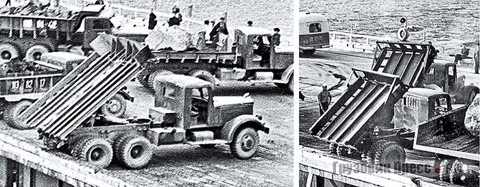 Типы площадок глыбовозов, применявшихся при перекрытии Ангары: слева – двух видов на шасси ЯАЗ-210, справа – на шасси МАЗ-205. Братская ГЭС, 19 июня 1959 г.