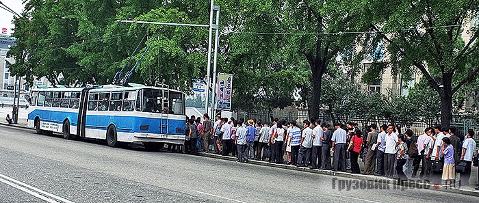 Посадка пассажиров в троллейбус. Вход осуществляется только через заднюю дверь