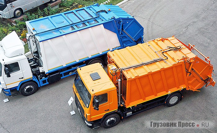 Бело-синий МАЗ-690214 – выставочный образец, оранжевый МАЗ-5903B2-010 – серийная продукция